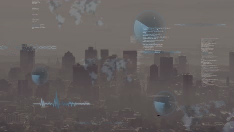 animation of graphs, maps, radars, computer language over modern cityscape against sky