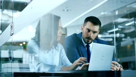 una contadora y un hombre de negocios sentados en el escritorio discutiendo y trabajando en una computadora de escritorio, resolviendo problemas. una oficina moderna y elegante con personas hermosas.