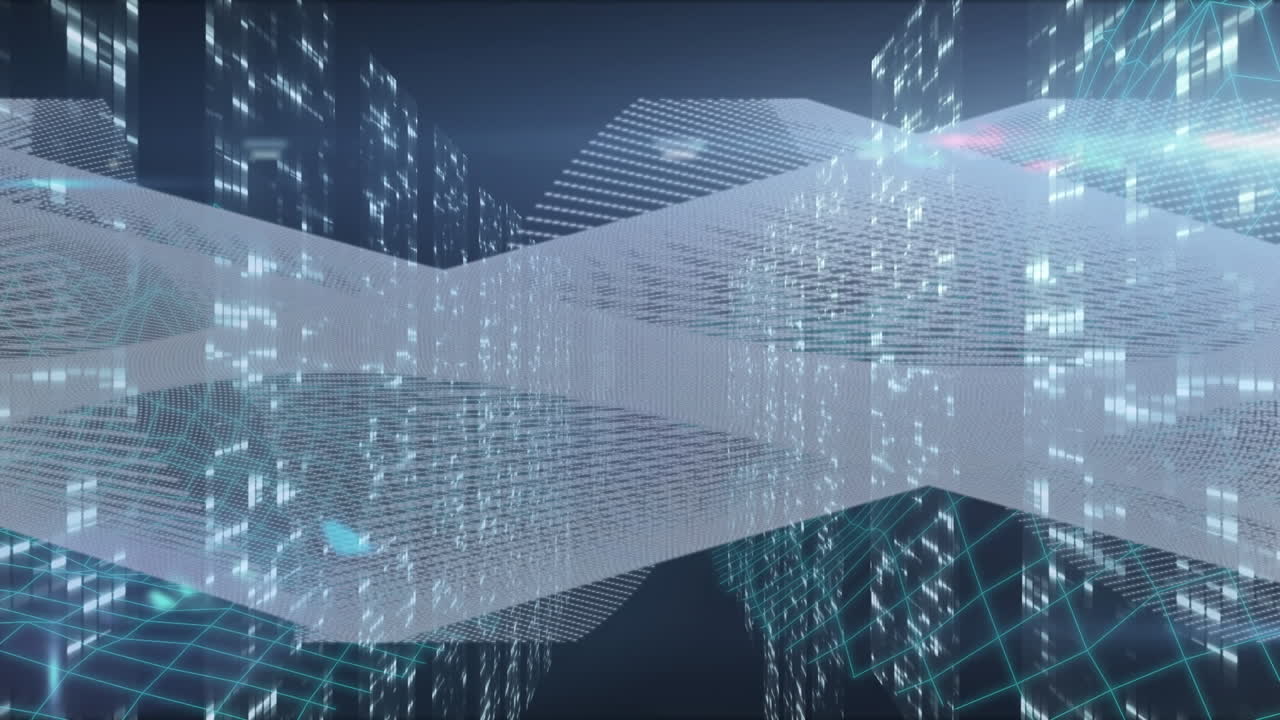 배경에 추상적인 패턴과 함께 떨어지는 바 그래프와 렌즈 플레어의 애니메이션