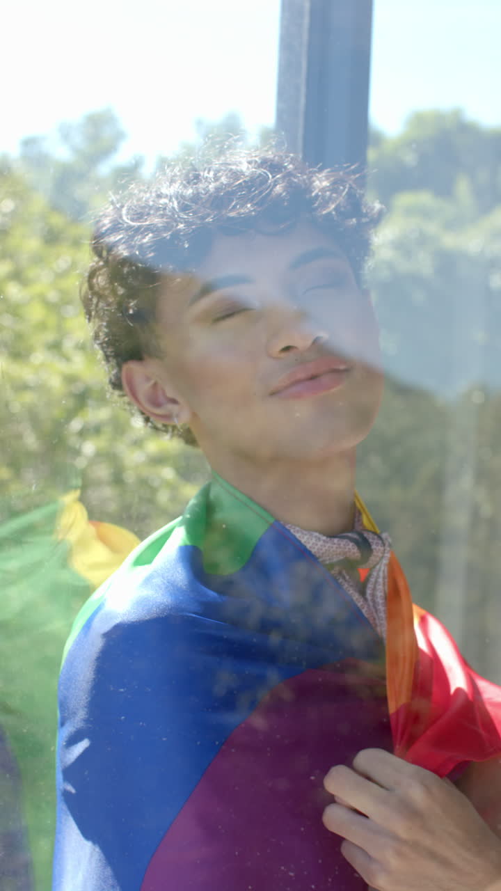 Vertical video: Person wrapped in rainbow flag gazing thoughtfully out sunny window