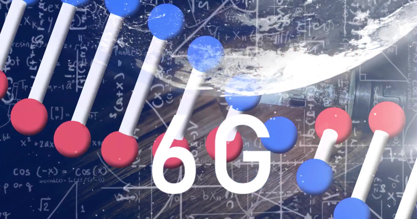 Animation of dna strand and 6g text over globe