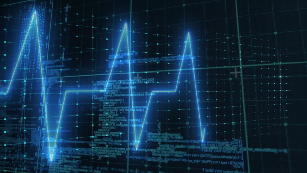 Forma d'onda ECG blu neon che scorre su una griglia 3D con nodi turchesi luminosi che fluttuano tra il codice.