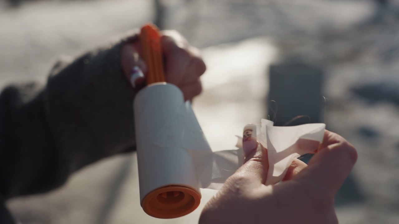 Mains en gros plan décollant une bande adhésive en extérieur, rouleau à manche orange, révélation lente des couches collantes, l'ongle soulève la languette, trottoir urbain spontané, mouvement méticuleux et concentré, révélation plutôt satisfaisante.
