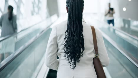 Escalator,-travel-and-business-woman-in-an-office