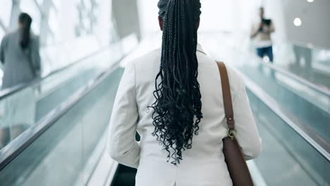 escalator, travel and business woman in an office