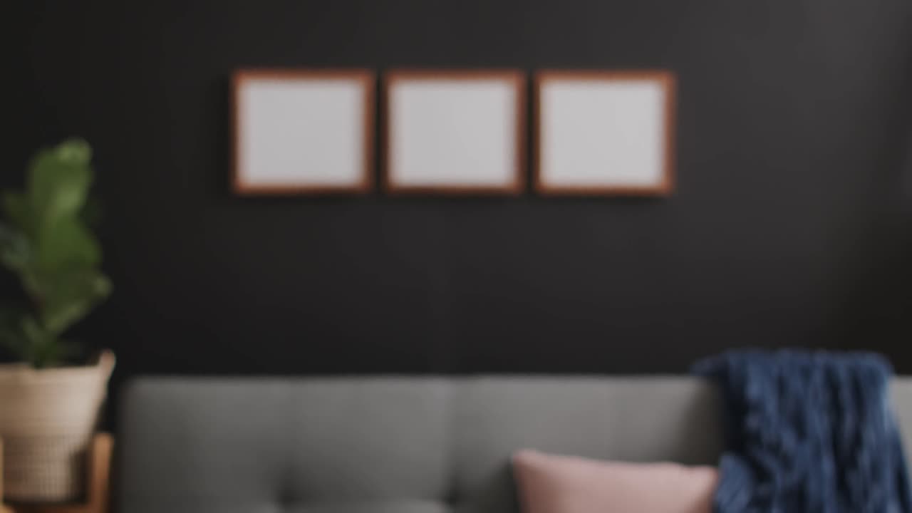 Three wooden frames, plant and sofa with copy space on black wall
