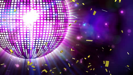 animación de confeti contra la bola de discoteca brillante púrpura girando con rayos de luz
