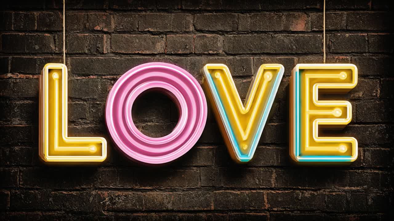 Opplyst LOVE-skilt i vintage neonstil fanget mot en murvegg, som viser frem levende farger og kreativ typografi for en romantisk atmosfære