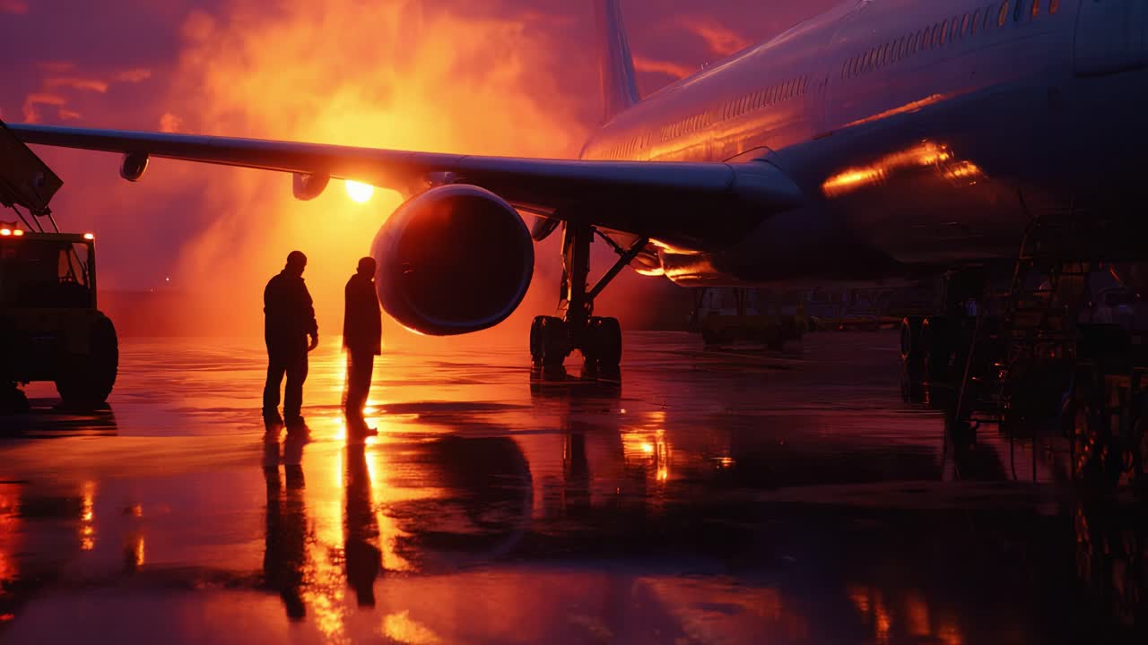 A Captivating Sunset Reflection: Two Silhouetted Figures Stand Next to a Jet Engine, Against the Backdrop of a Majestic Colorful Sky with Fiery Hues and Silver Aircraft, Creating a Striking Visual Contrast