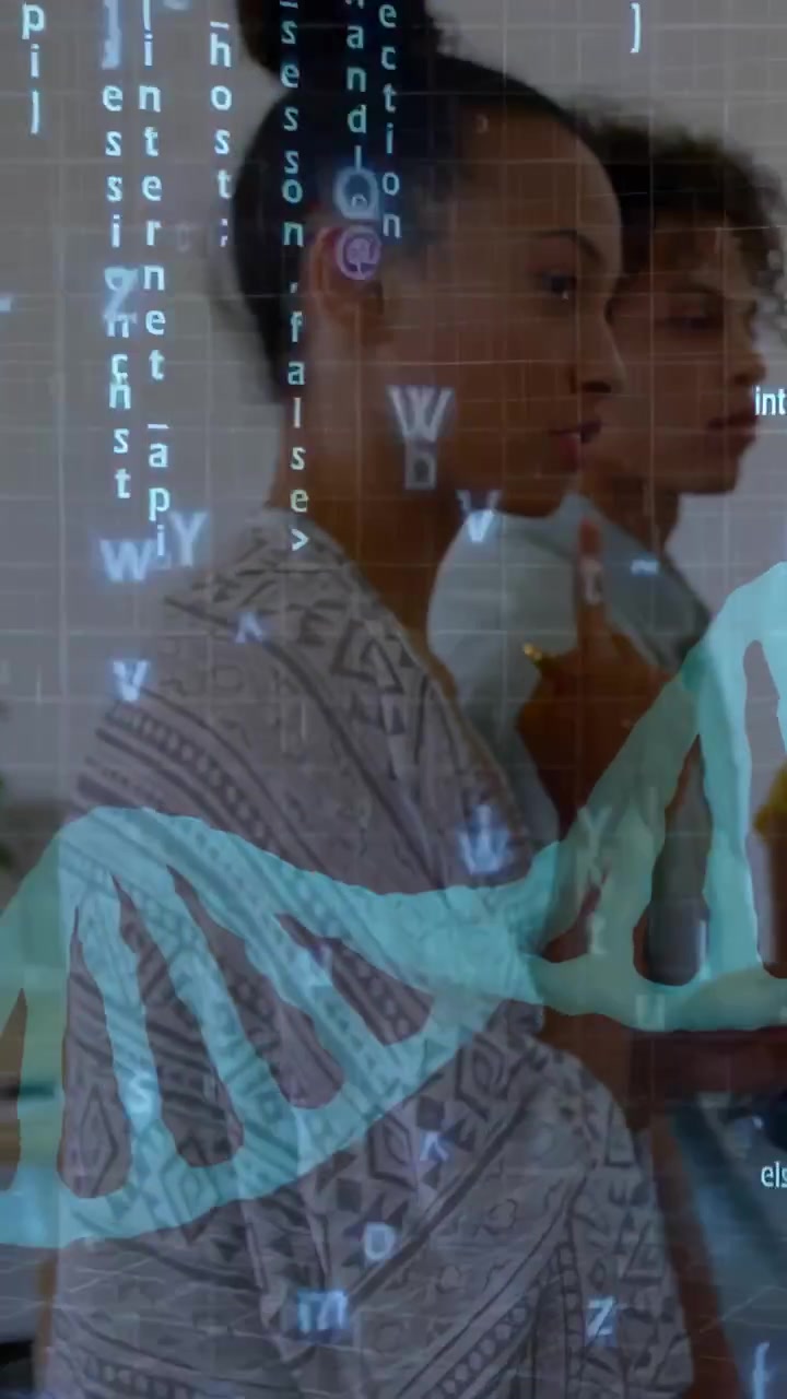 Vertical video: Woman starting reciting with peers in class DNA helix and code densifying on faces