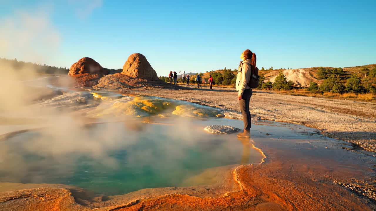 Woman admiring a hot spring in a geothermal area