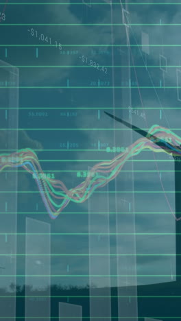 animación de estadísticas y procesamiento de datos sobre la turbina eólica sobre fondo azul