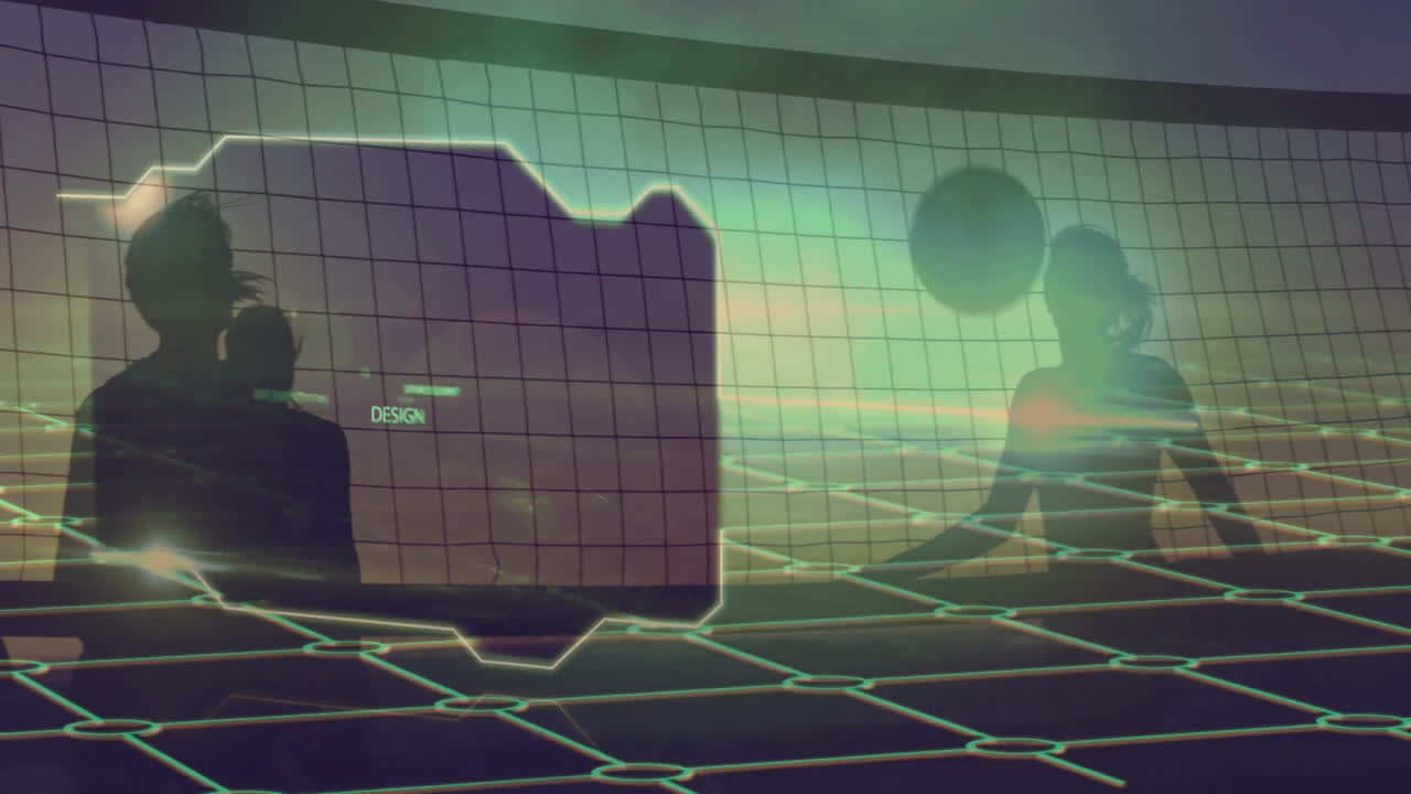 Playing volleyball, silhouettes with digital grid overlay in animation lighting