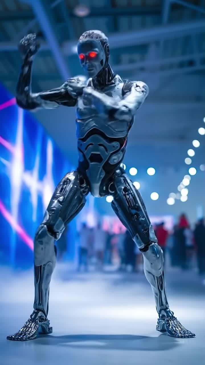 Robot metallico scuro accovacciato nella luce al neon blu.