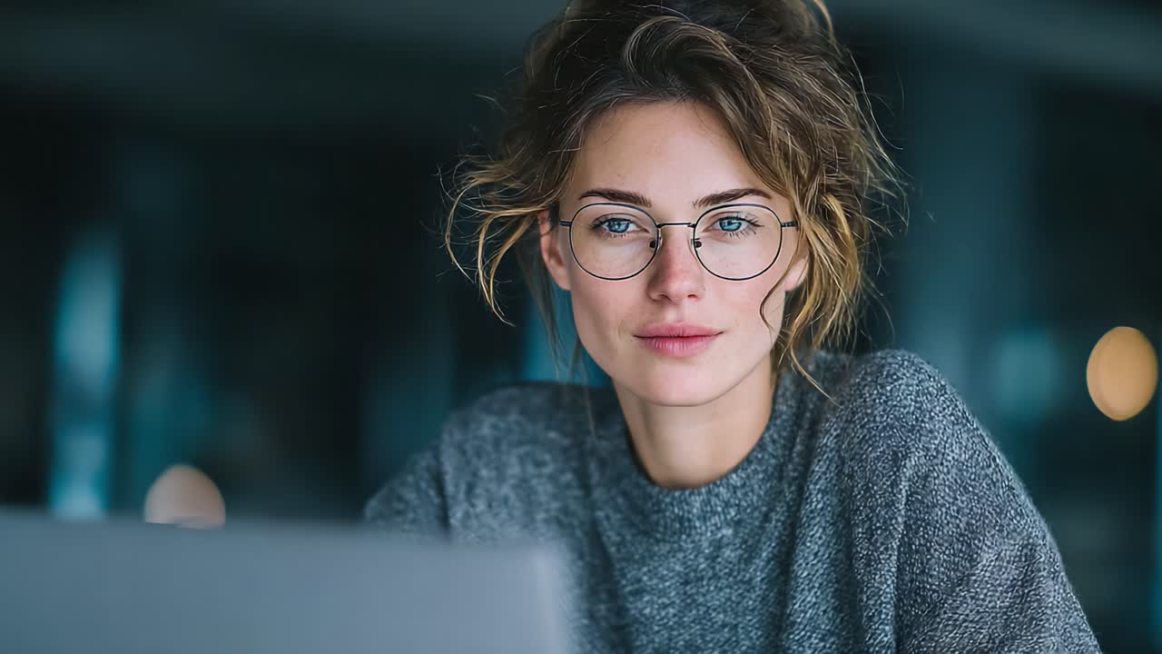 A Young Woman with Glasses and Natural Hair Style Engaging in Thoughtful Reflection While Working on Her Laptop in a Modern Indoor Setting