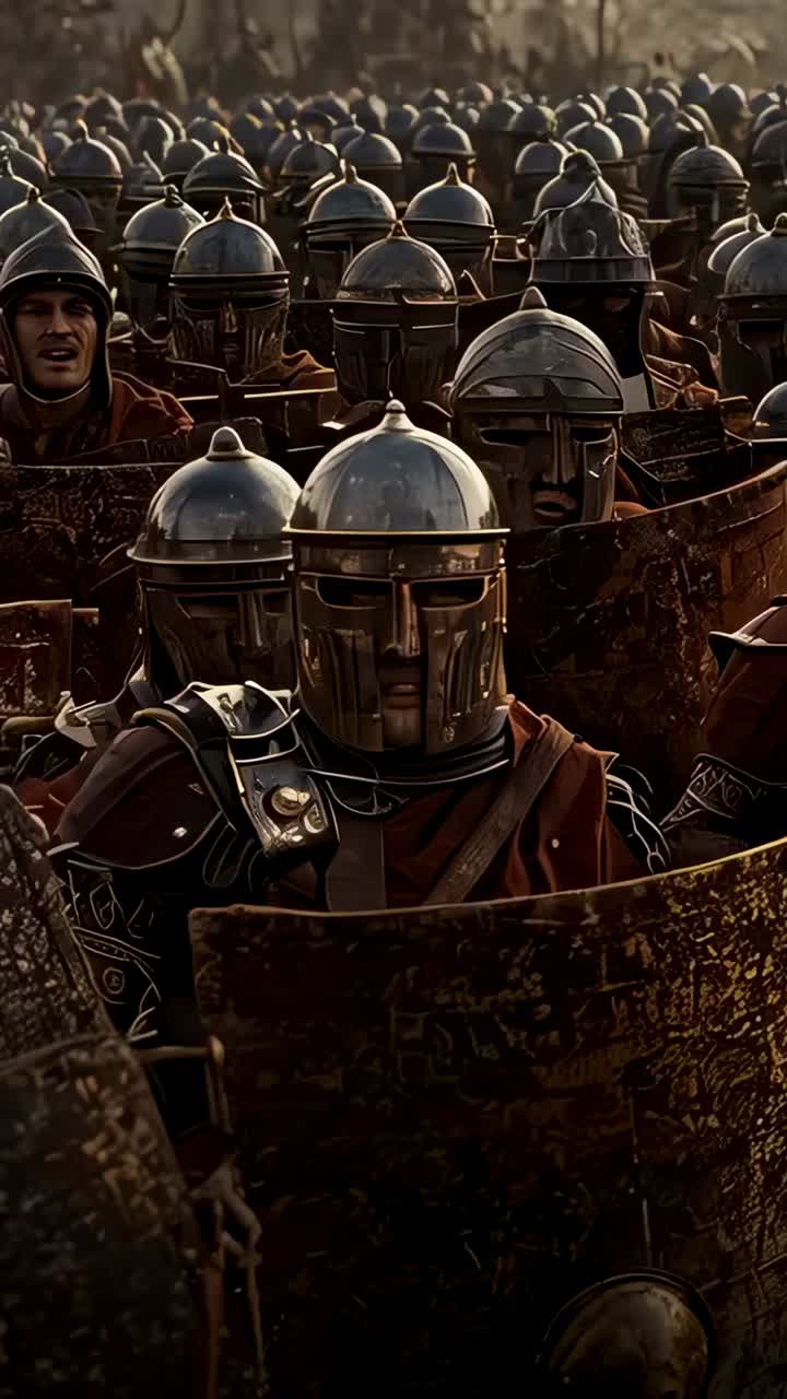 Vertical video: Horn sounding sending armored soldier advancing with shield on plain dust rising