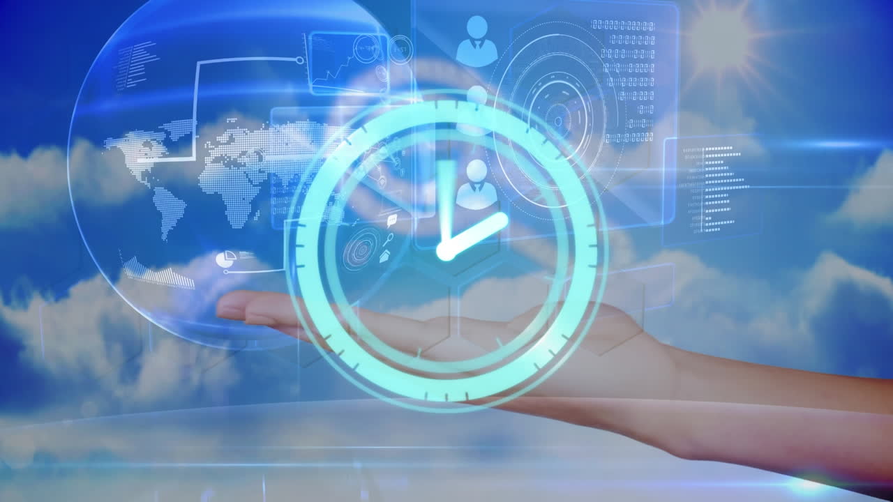 구름 위에 있는 시계, 지구, 코카서스 손의 애니메이션