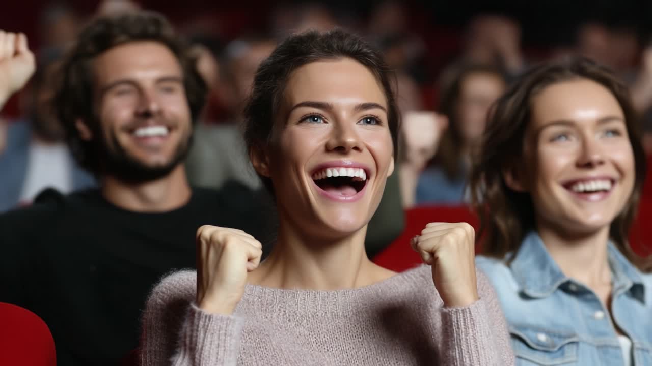 Excited Audience in Movie Theater Celebrating a Thrilling Scene with Joie de Vivre, Capturing the Essence of Shared Joy and Enthusiasm in Cinematic Moments