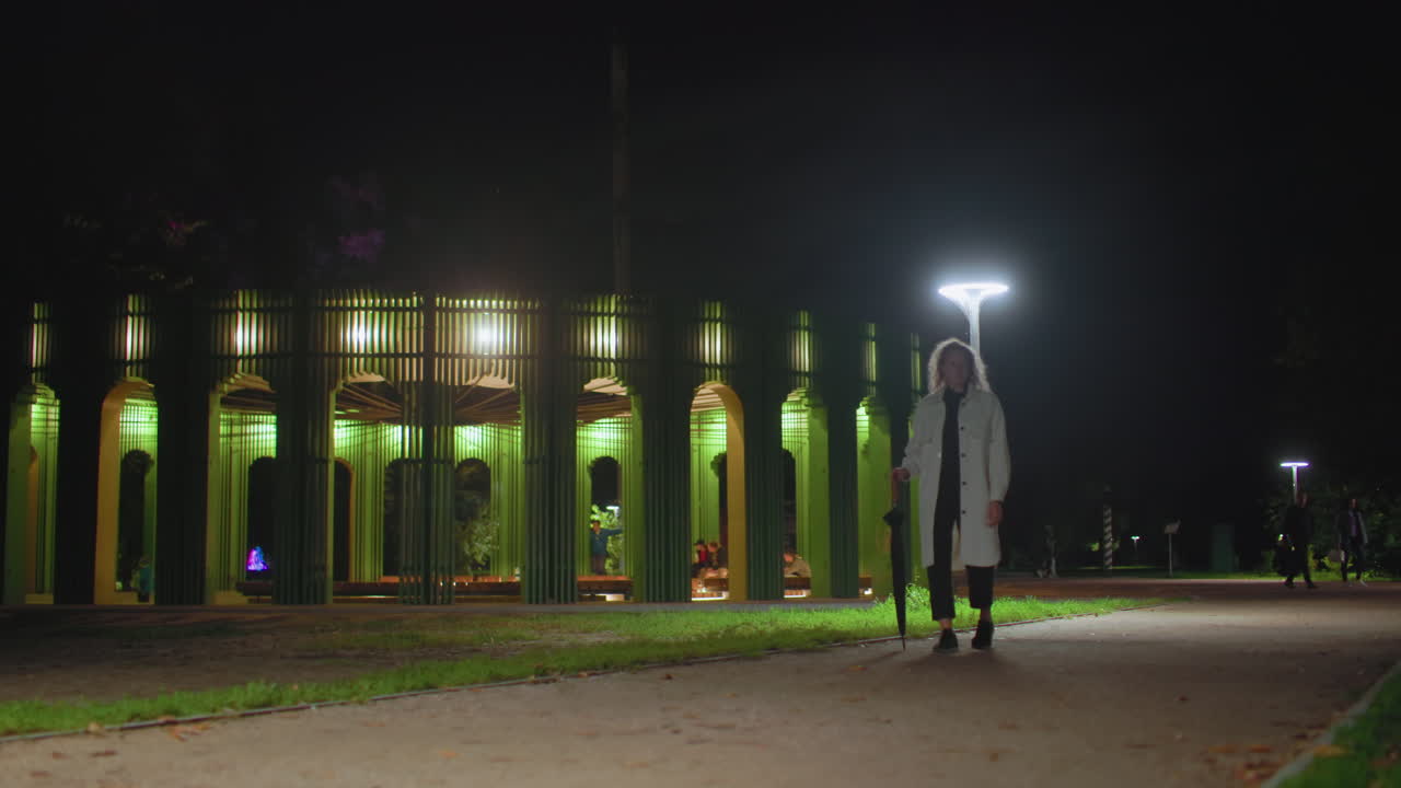Woman dressed in white coat holding umbrella walking through urban park at night, glowing green pavilion illuminated in background under bright streetlights, other people visible in distance along pathway