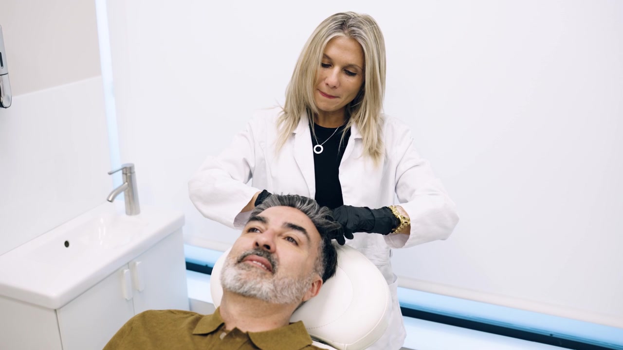 Dermatologist Examining Scalp of Male Patient in Clinic