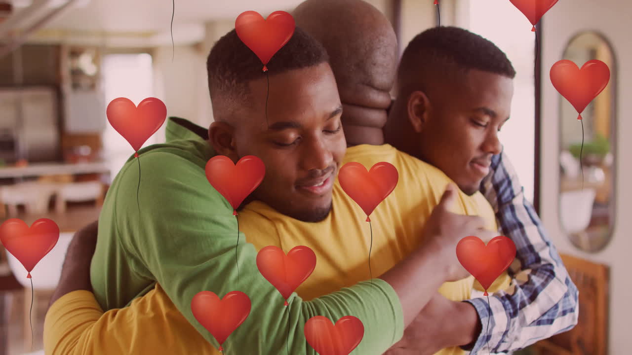 abrazándose y sonriendo, tres personas con globos de corazón rojo animación