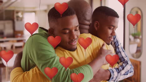 hugging and smiling, three people with red heart balloons animation