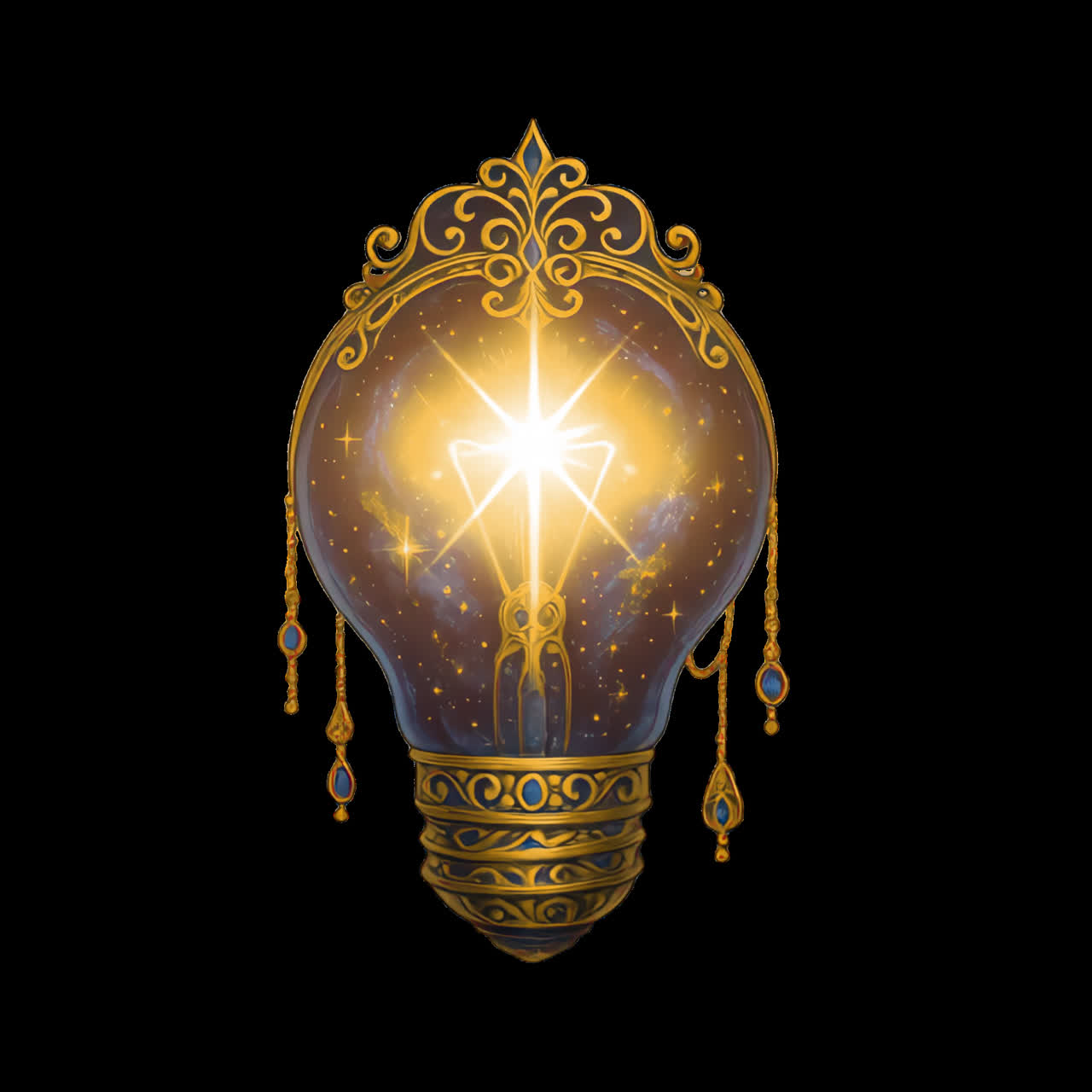 Ornate glowing light bulb design animation isolated asset, transparent 4K video, alpha channel