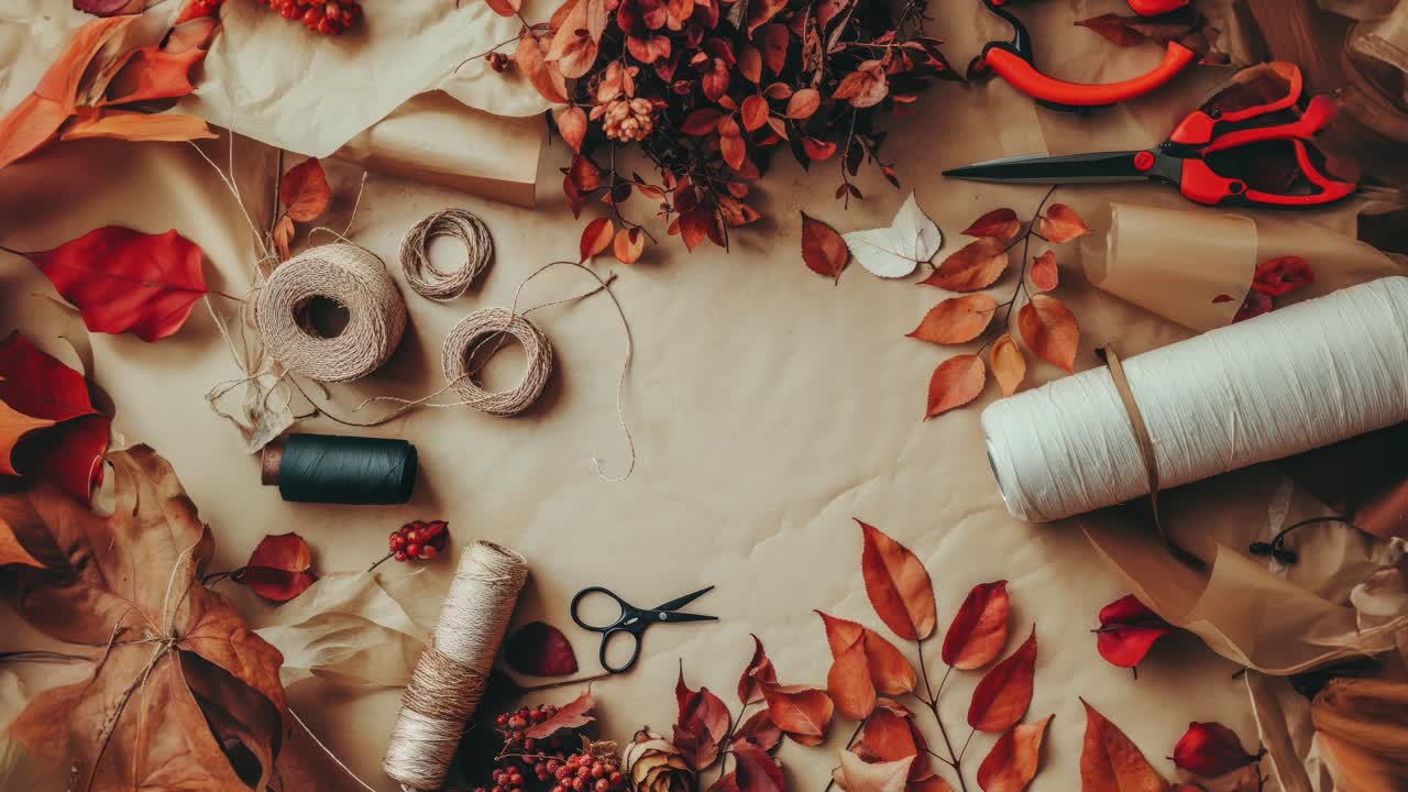 materiales de artesanía de otoño con tijeras y hilo sobre un fondo rústico