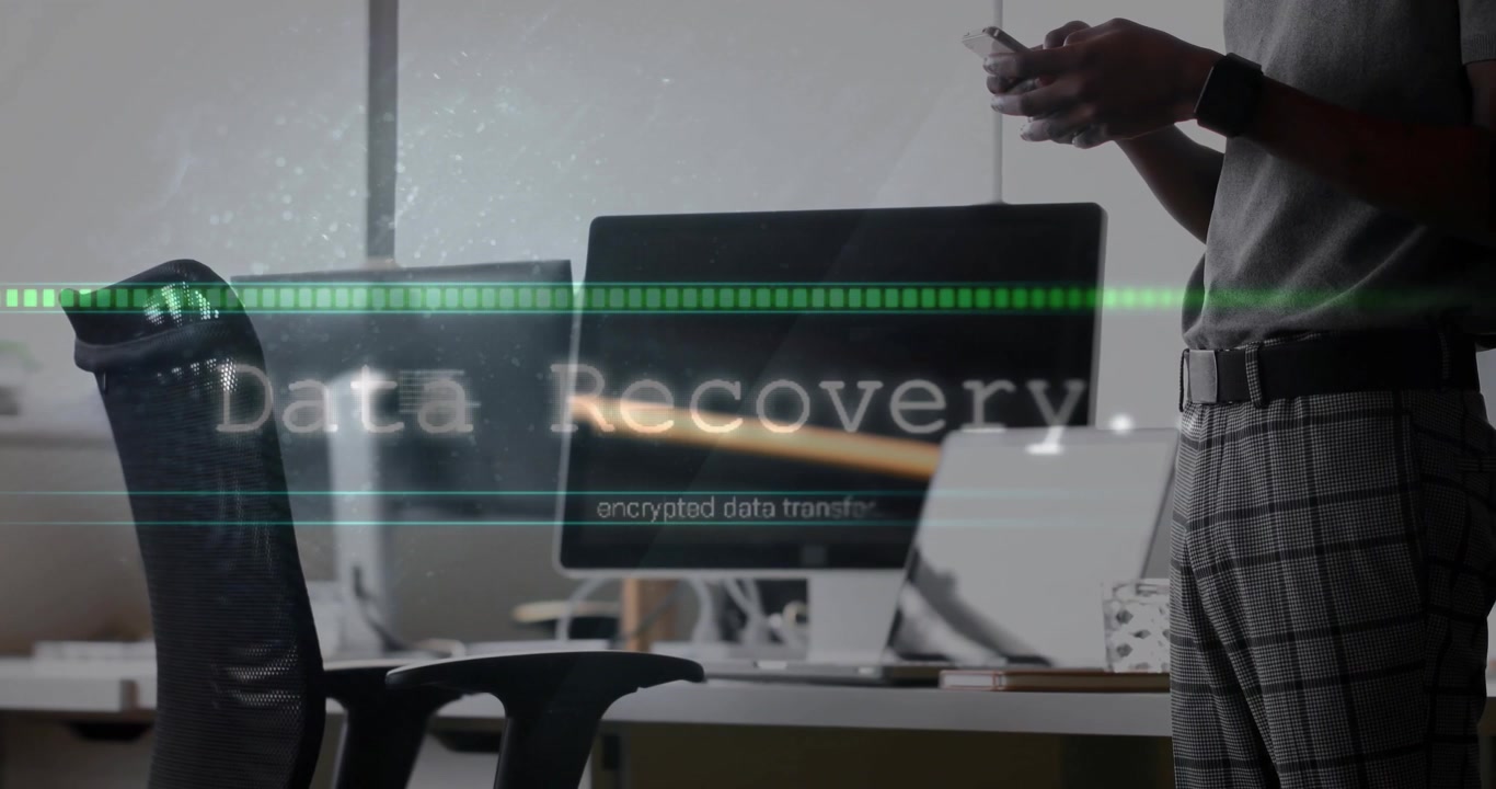 IT professional tapping smartphone, initiating animated data recovery progress bar checking status