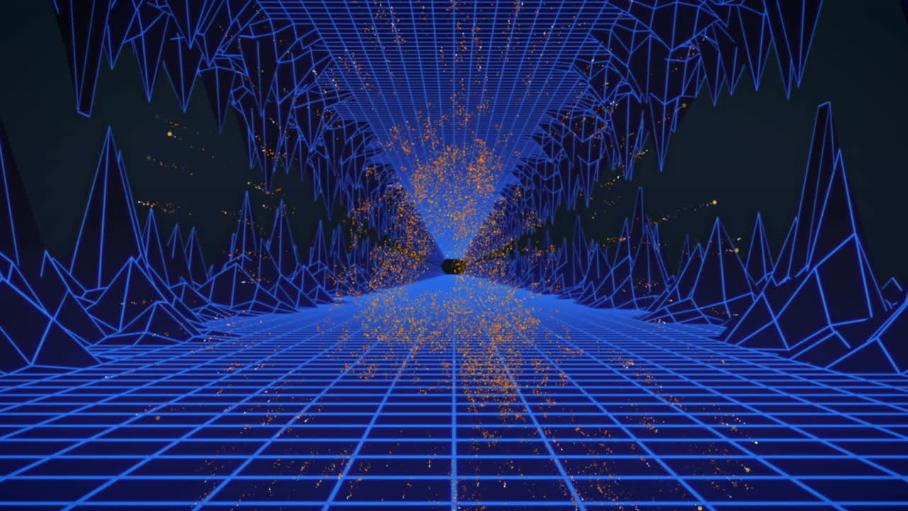 animación de números brillantes contando hacia atrás de 10 a 0 sobre el túnel de cuadrícula azul en negro