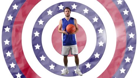 Portrait-of-caucasian-male-basketball-player-holding-a-ball-against-stars-on-spinning-circles