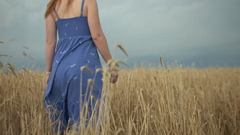 woman in blue dress walking through a wheat field