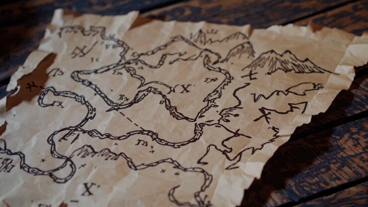 Gros plan d’une carte au trésor vintage sur une table en bois, présentant des itinéraires détaillés dessinés à la main