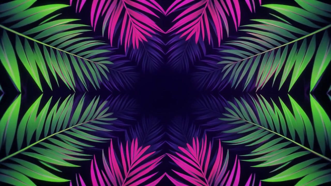 Kaleidoscopic Animation of Tropical Palm Leaves with Neon Color Shifts