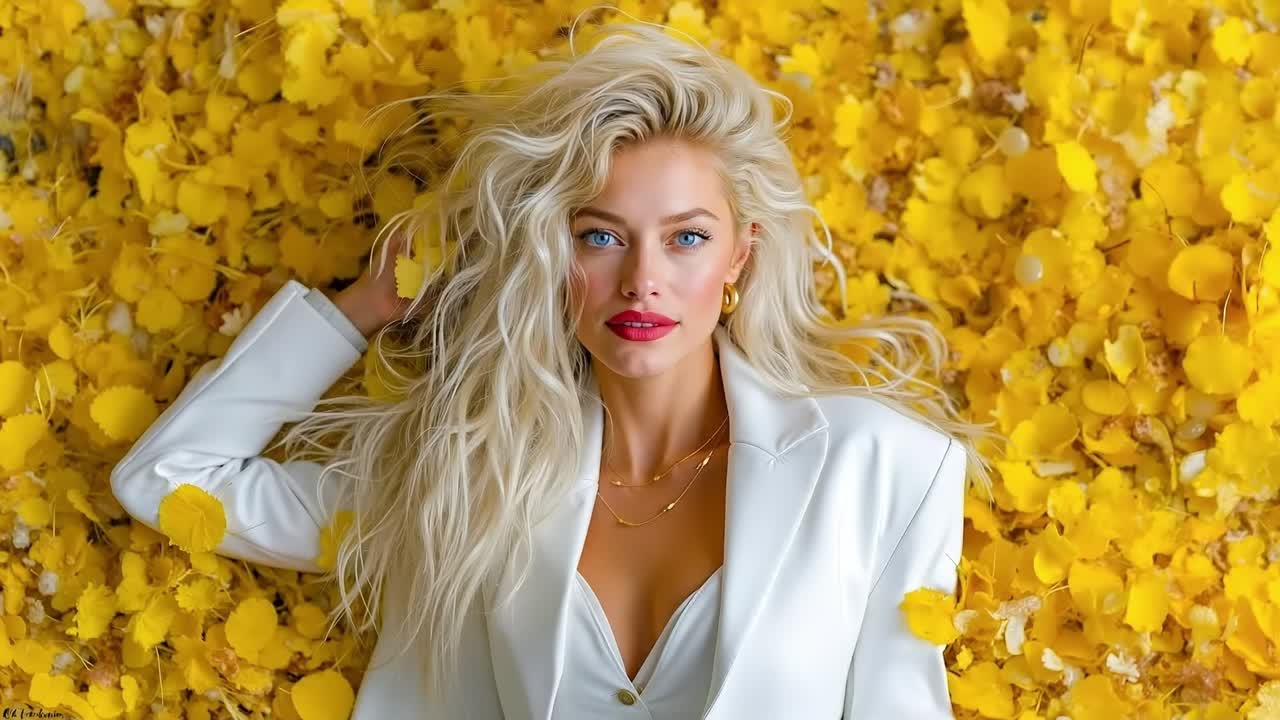 노란 꽃의 침대 위에 누워 있는 여자