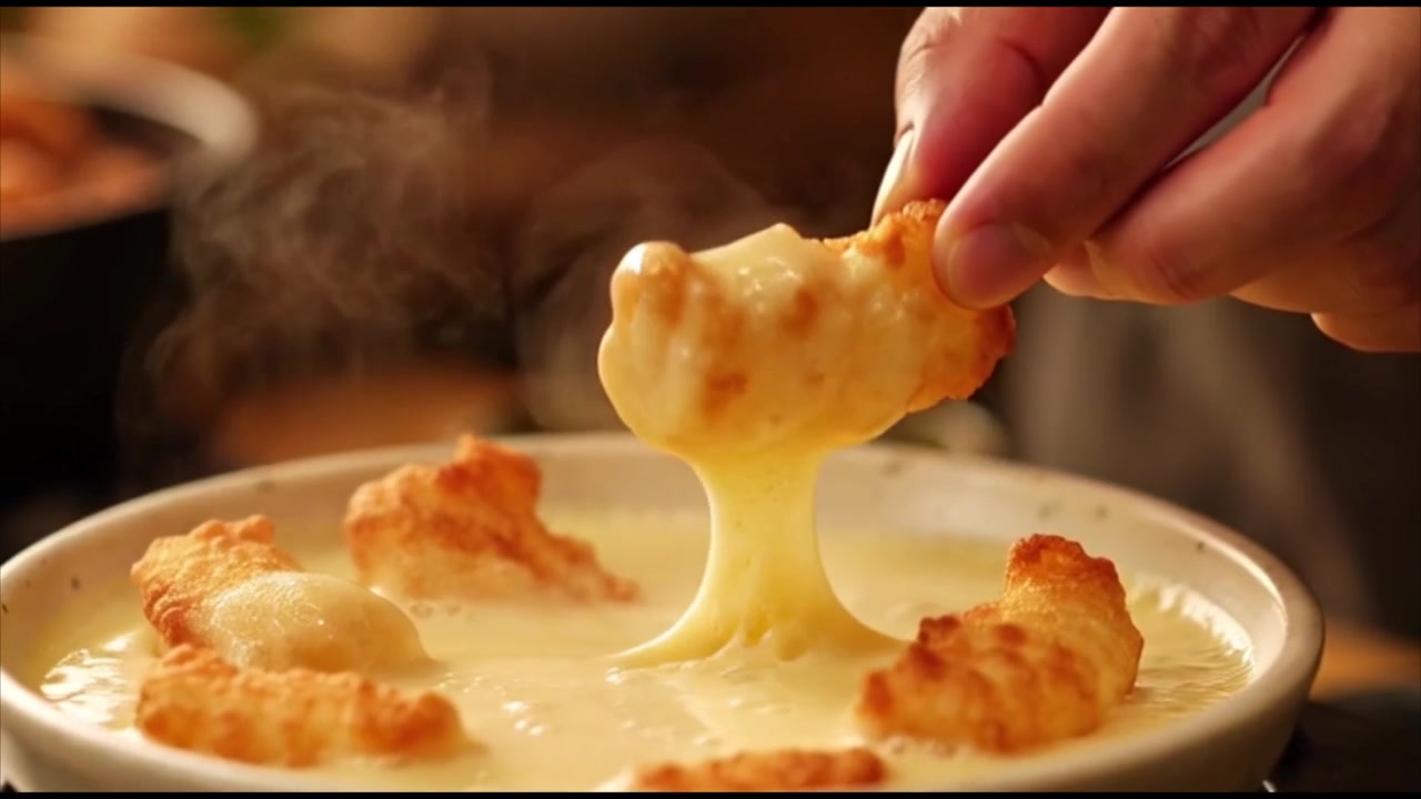 Mano che intinge cibo fritto nel formaggio fuso caldo