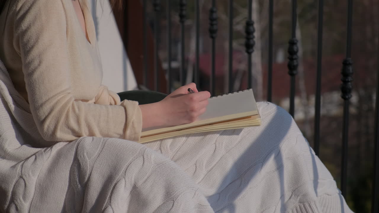 Woman writing on balcony