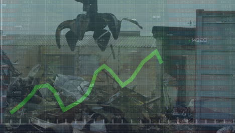 animation of statistical data processing over hydraulic machine lifting scrap metal at junkyard