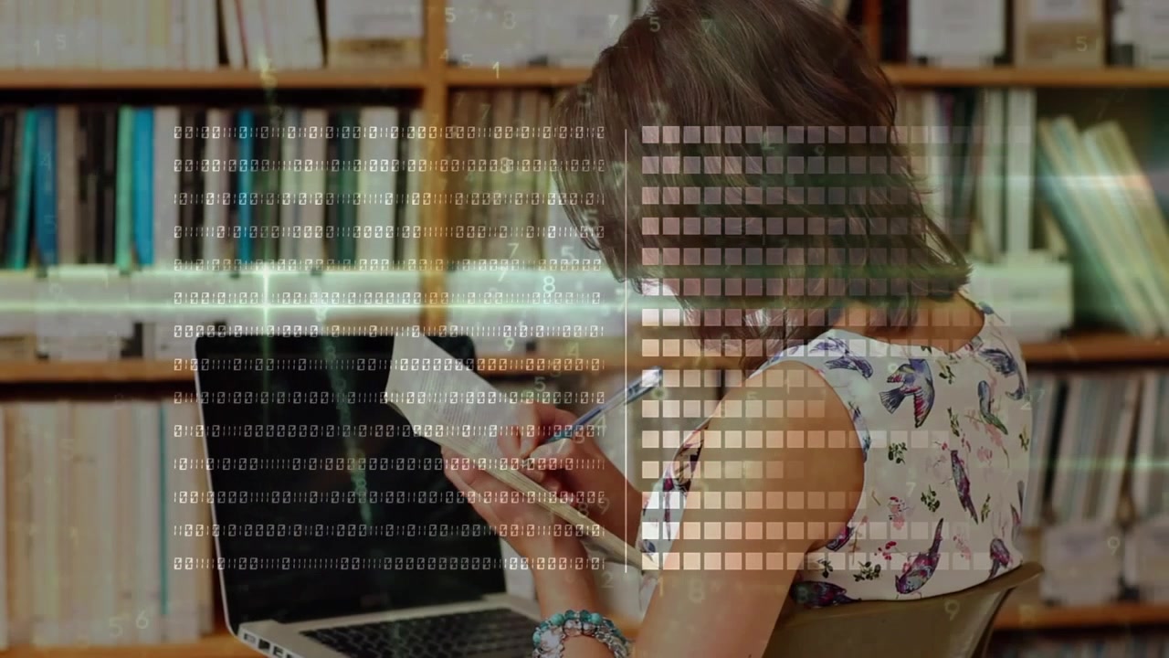 Animation of data processing over caucasian female teacher