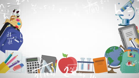 animación de ecuaciones matemáticas e iconos escolares sobre fondo blanco