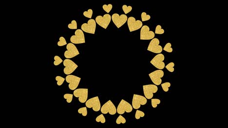 round frame of golden shiny hearts on a black background