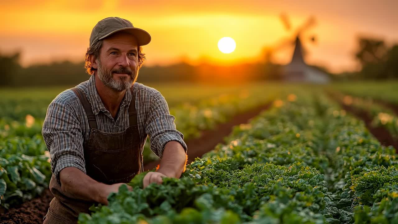 Fazendeiro ao pôr do sol no campo. Um homem trabalha em um campo de vegetais durante o pôr do sol com um moinho de vento ao fundo. Ele colhe produtos frescos da terra