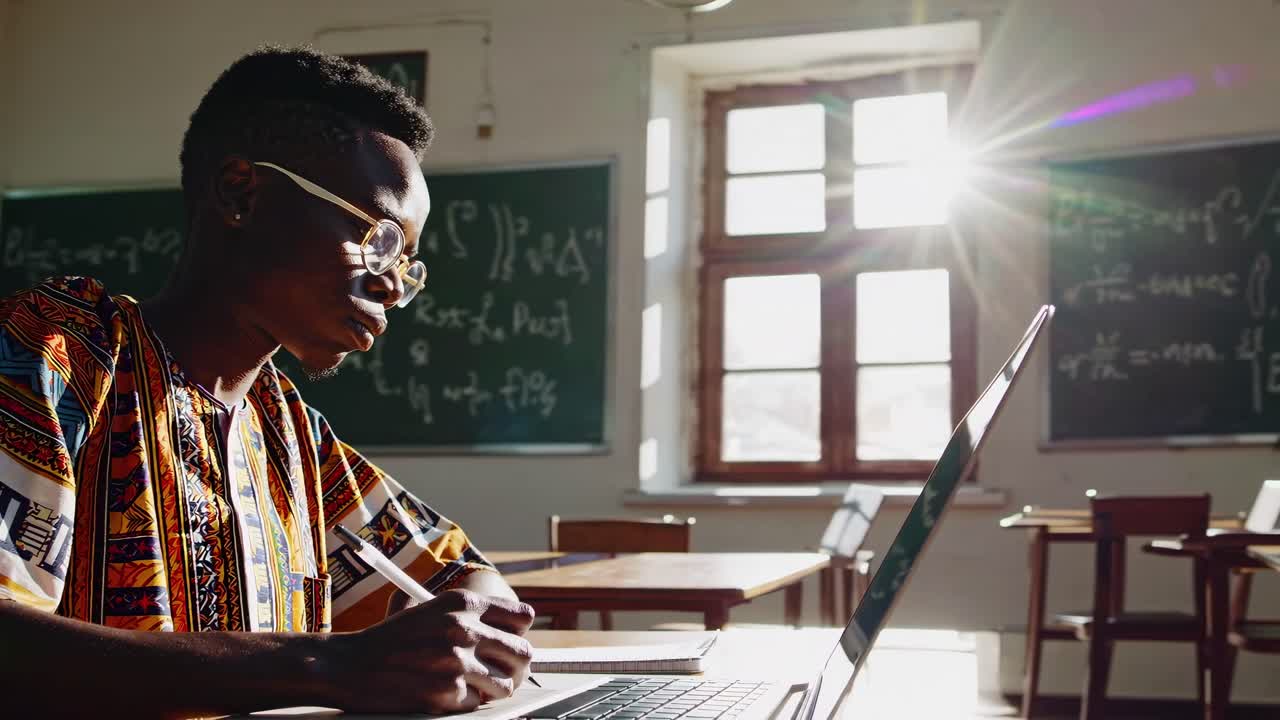 A student in traditional attire studies on a laptop in a sunlit classroom