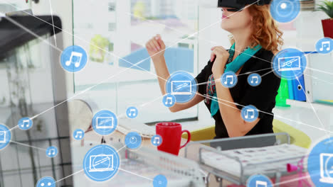 Animation-of-networks-of-connections-and-businesswoman-wearing-phone-vr-headset