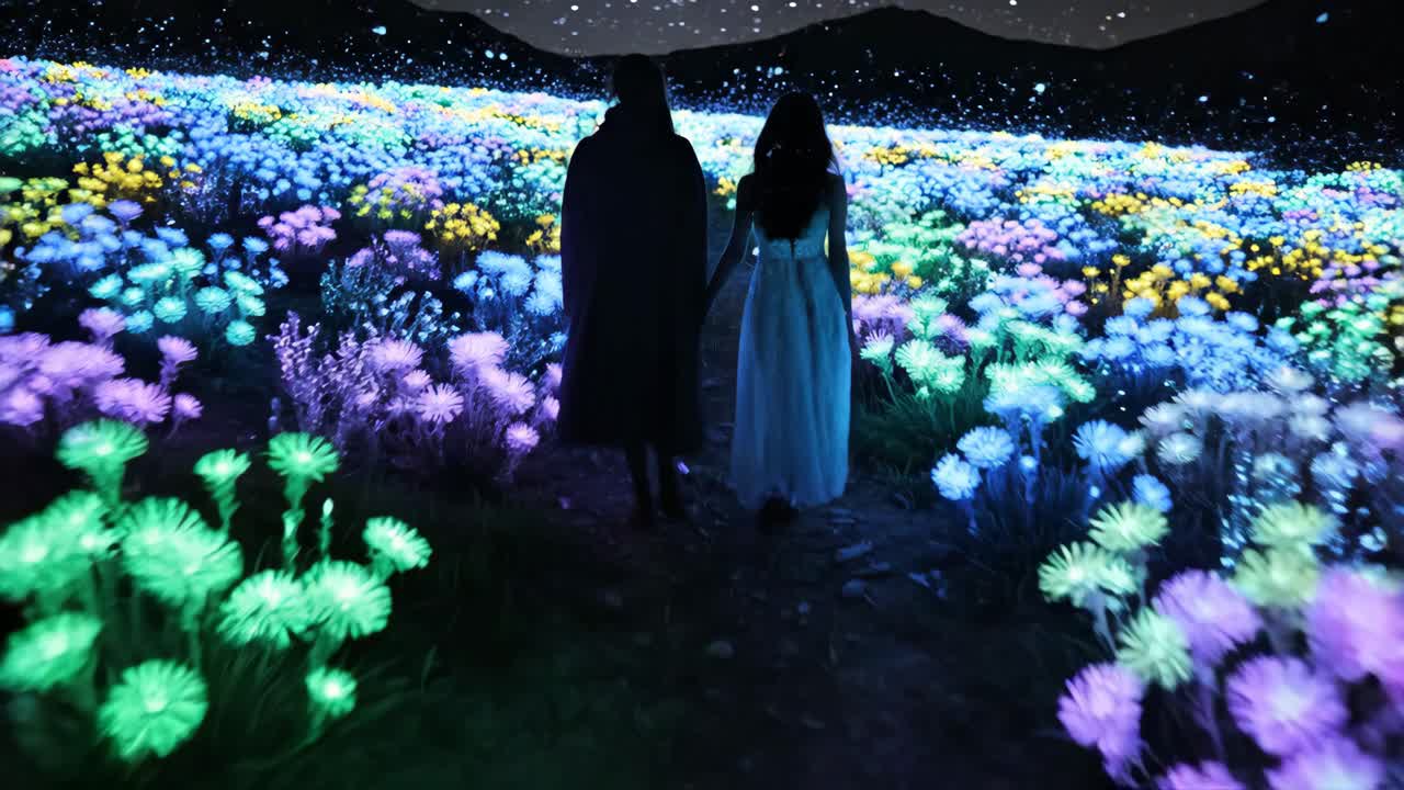 Couple Walking Through Illuminated Flower Field at Night