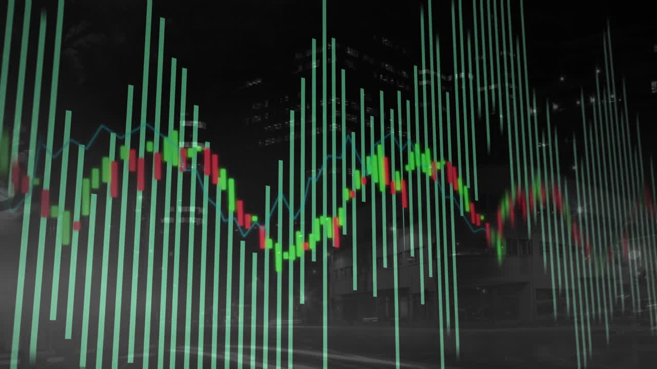 Financial data overlay moving across dark urban street scene, featuring green bars and candlesticks