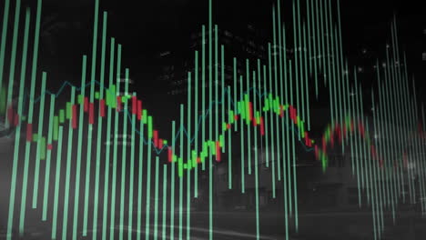 financial data overlay moving across dark urban street scene, featuring green bars and candlesticks