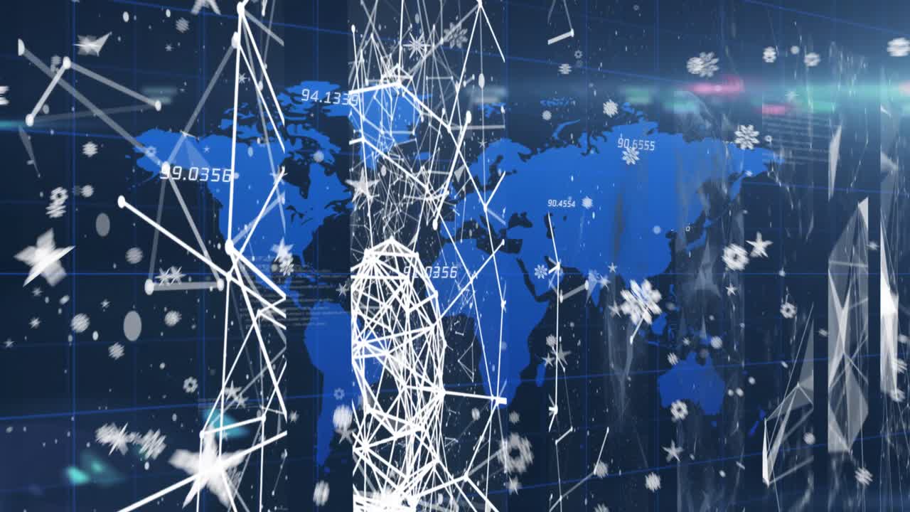 별, 세계 지도 및 해군 배경에 대한 연결 네트워크의 애니메이션