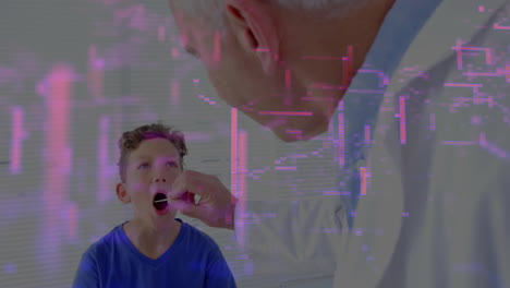 doctor leaning over boy in medical exam room, using wooden tongue depressor with glitch effect