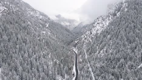 Aerial-forward-over-desolate-road-in-snowy-landscape